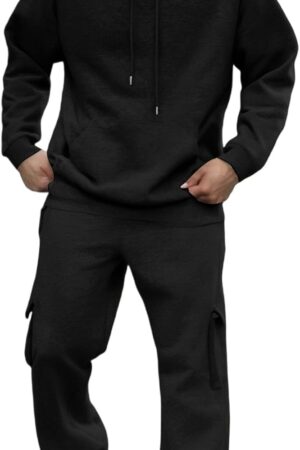 Men's Classic Two Piece Set Fleece Zip Hoodie Jacket Elastic Waist Sweatsuits Cargo Pants Outdoor Sweatpants