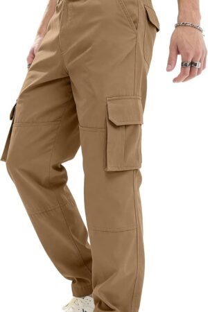 Mens Casual Straight Leg Stretch Cargo Pants Lightweight Relaxed Fit Drawstring Elastic Waist Pants with Multi Pockets