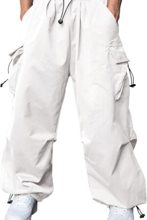 Men's Baggy Cargo Pants Trendy Casual Parachute Pant Loose Fit Harem Joggers with Pockets for Streetwear