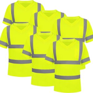 6 Pack High Visibility Reflective Safety Short Sleeve V Neck Crew Neck Work Shirts for Men Class 3 with Pocket