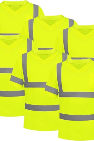6 Pack High Visibility Reflective Safety Short Sleeve V Neck Crew Neck Work Shirts for Men Class 3 with Pocket
