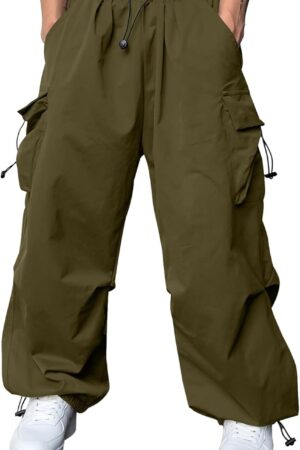 Men's Baggy Cargo Pants Trendy Casual Parachute Pant Loose Fit Harem Joggers with Pockets for Streetwear