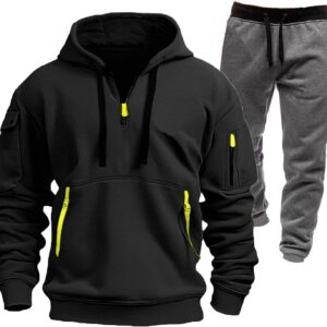 Men's Winter Fleece Multi Pocket Zipper Sweatshirt 2 Piece Set Personalized Sweatpants Casual Sweatsuits Hoodie